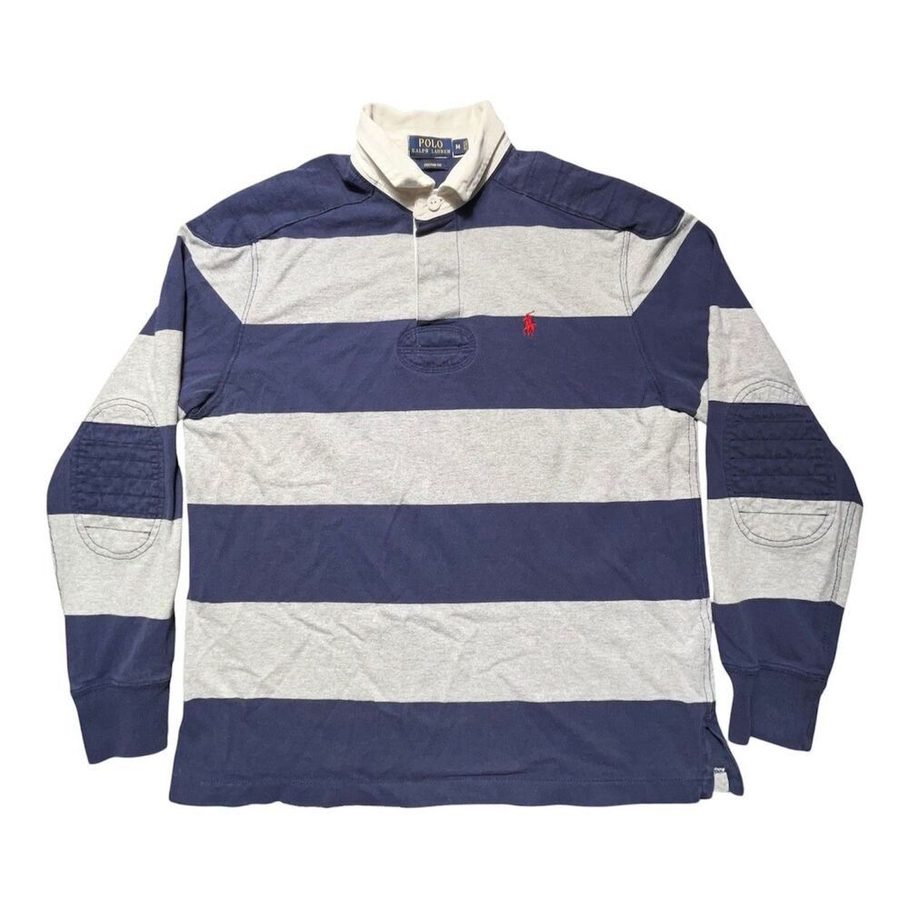 Polo Ralph Lauren Rugby Shirt Mens M Navy Gray Striped Elbow Patch Classic Fit